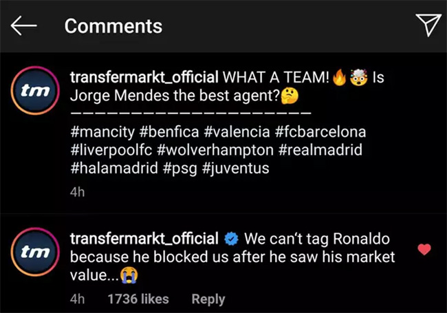 Роналду заблокировал Трансфермаркт в Инстаграме